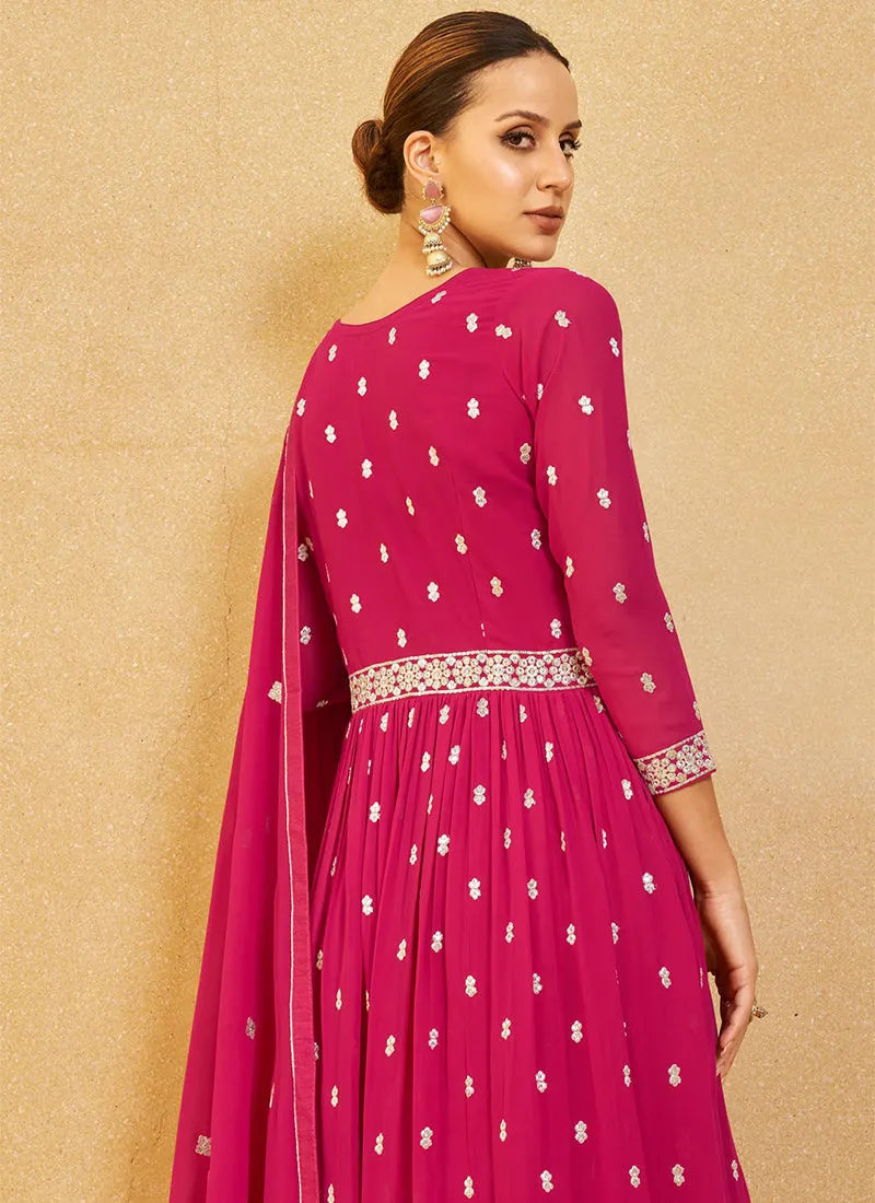 Hot Pink Sequence Embroidery High Slit Palazzo Suit
