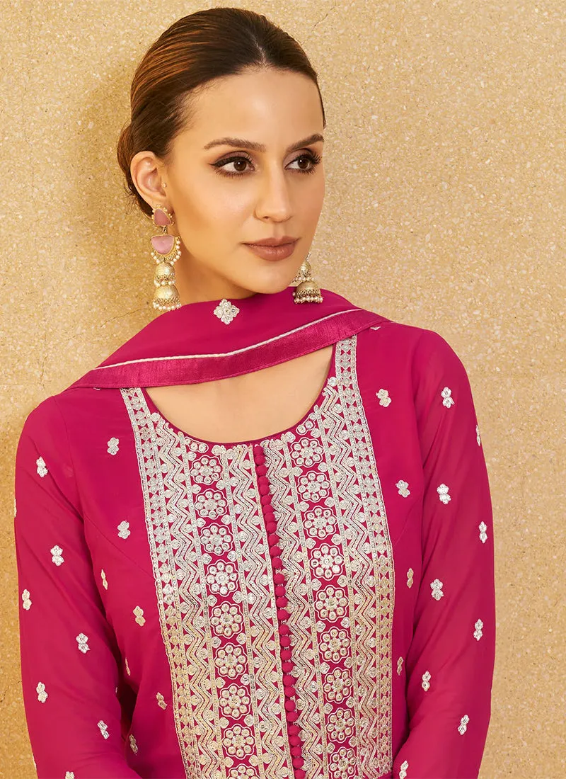 Hot Pink Sequence Embroidery High Slit Palazzo Suit