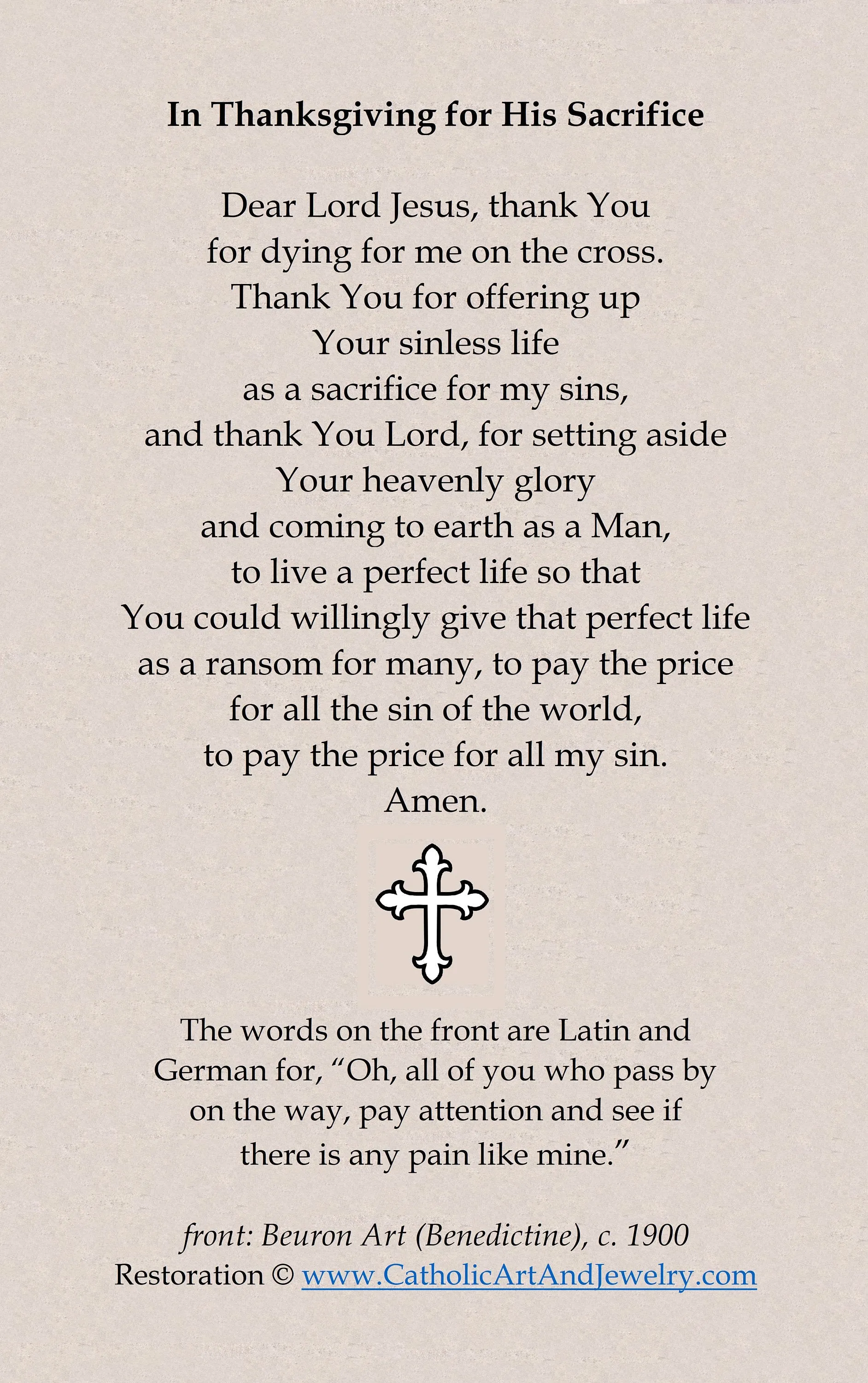In Thanksgiving for His Sacrifice – Restored Vintage Holy Card – Beuron pack of 10/100/1000