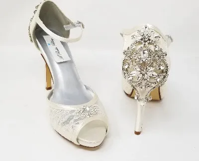 Ivory Lace Bridal Shoes with Crystal Back Design