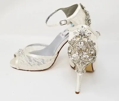 Ivory Lace Bridal Shoes with Crystal Back Design
