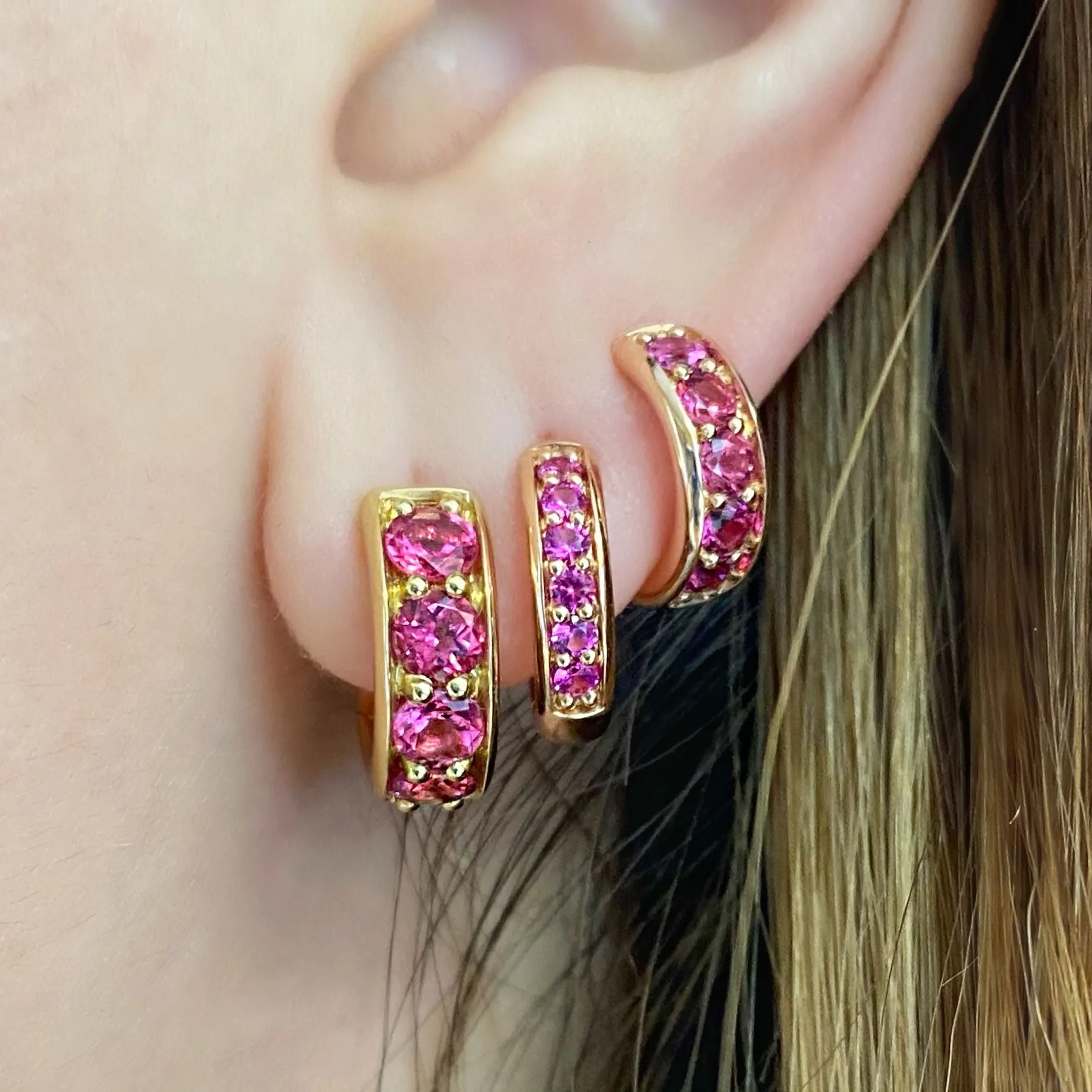 Jane Taylor Petite Chubby Huggie Hoops in Hot Pink Sapphire
