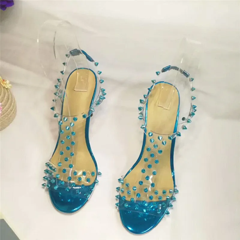 JAWAKYE Rainbow Color Studed PVC Sandals Stiletto High Heel Open Toe T-strap Party Shoes Women