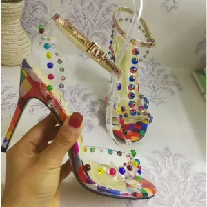 JAWAKYE Rainbow Color Studed PVC Sandals Stiletto High Heel Open Toe T-strap Party Shoes Women