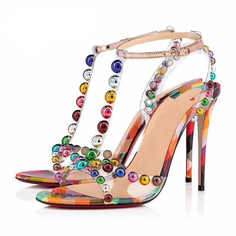 JAWAKYE Rainbow Color Studed PVC Sandals Stiletto High Heel Open Toe T-strap Party Shoes Women