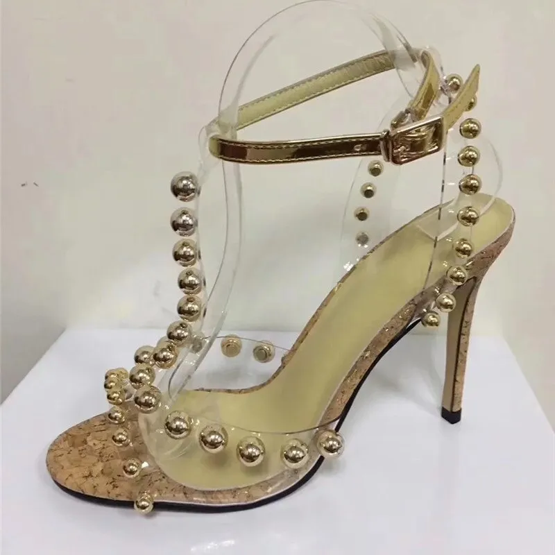 JAWAKYE Rainbow Color Studed PVC Sandals Stiletto High Heel Open Toe T-strap Party Shoes Women