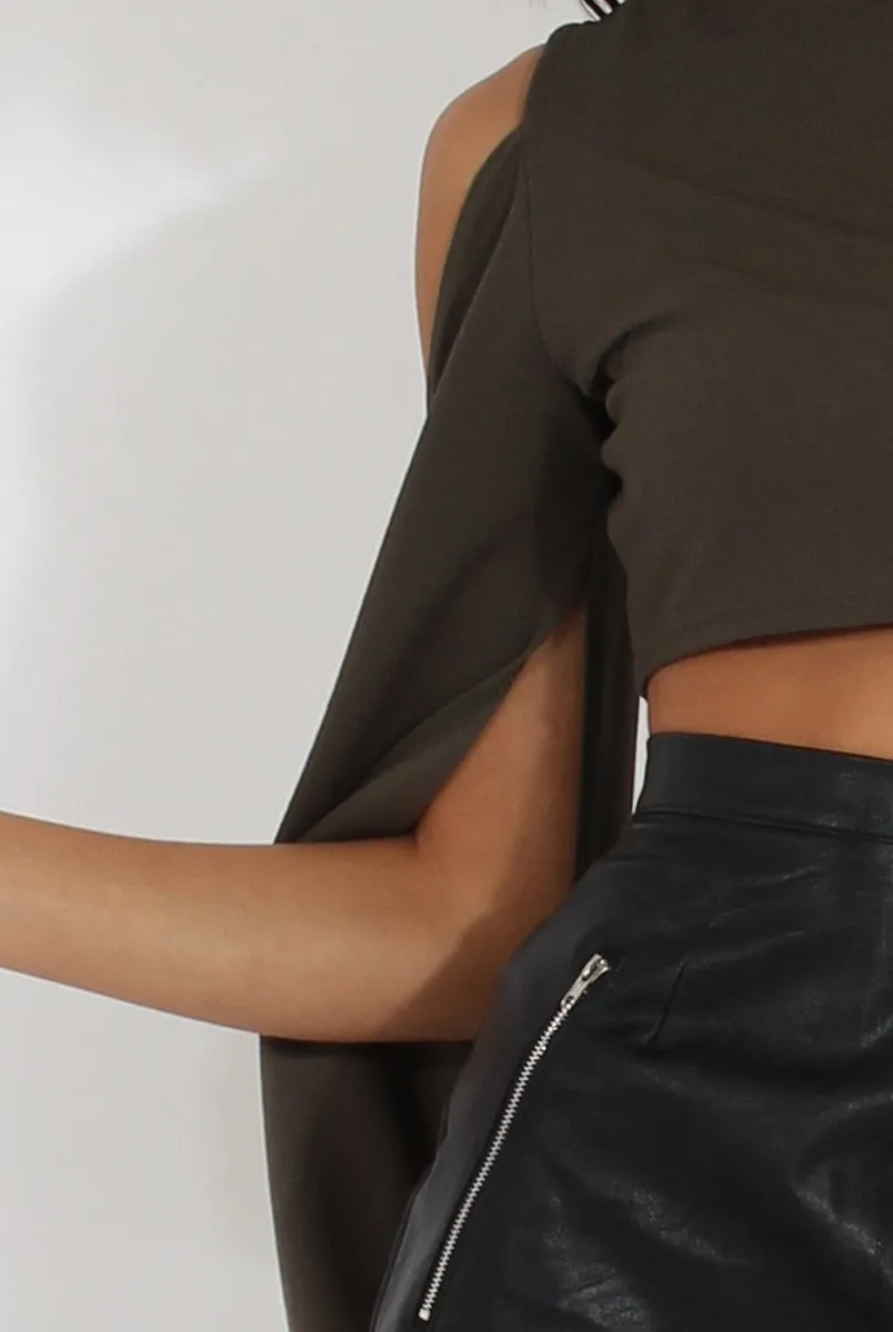 Khaki Cold Shoulder Split Sleeve Crop Top - Opal
