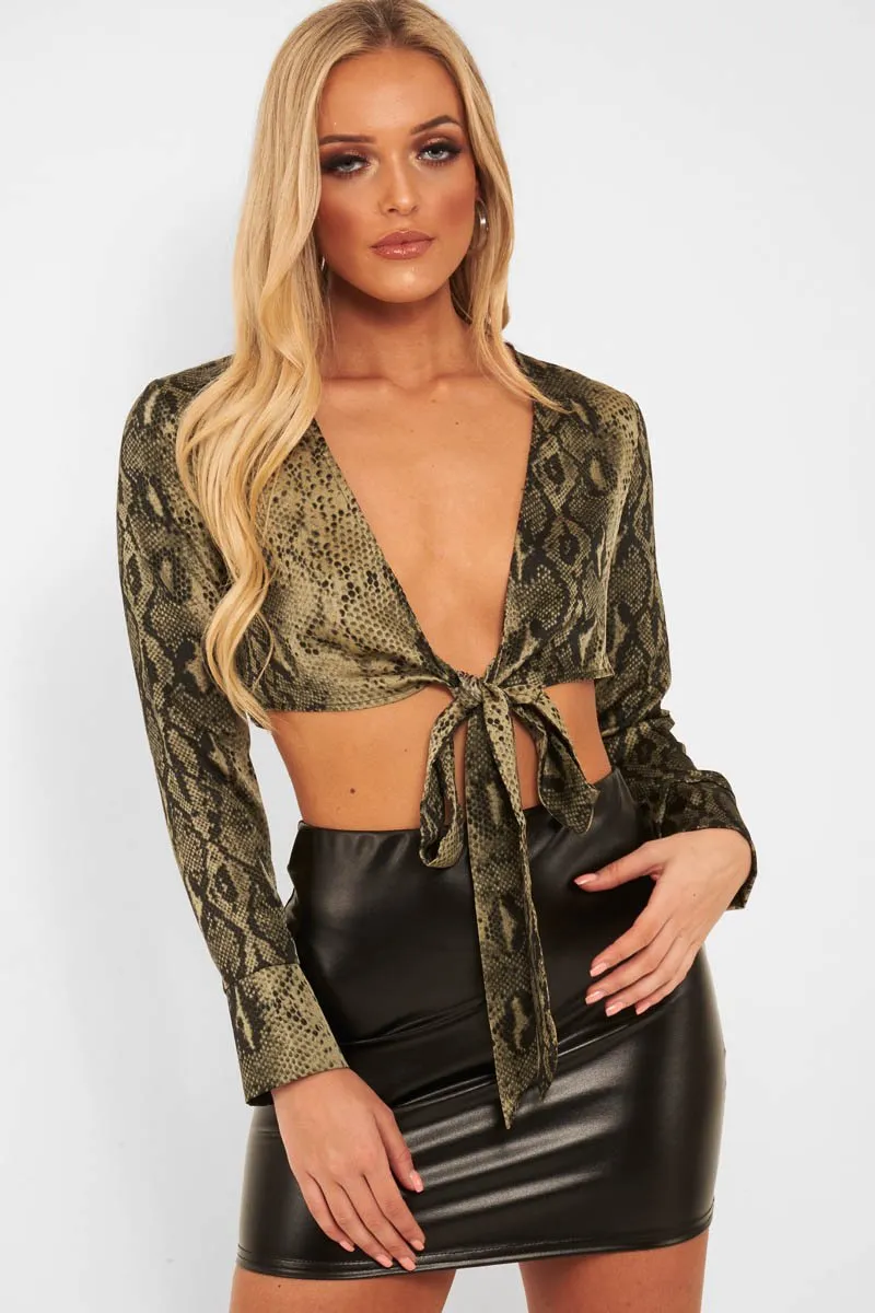 Khaki Snake Leopard Plunge Tie Front Blouse - Sedonia