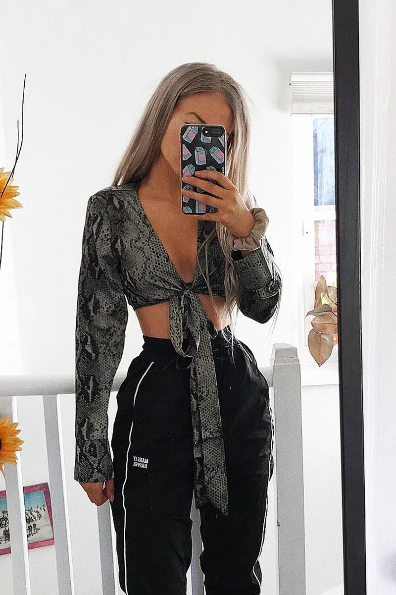 Khaki Snake Leopard Plunge Tie Front Blouse - Sedonia