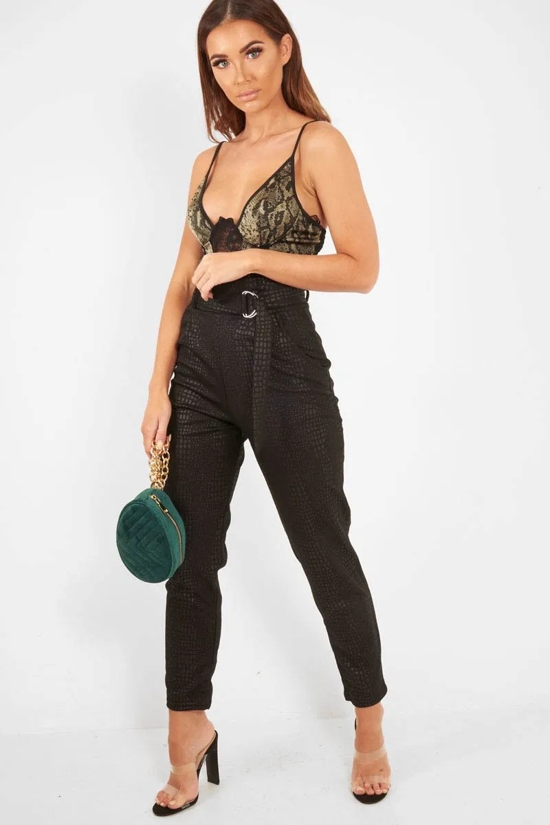 Khaki Snake Print Lace Panelled Bodysuit - Lenya