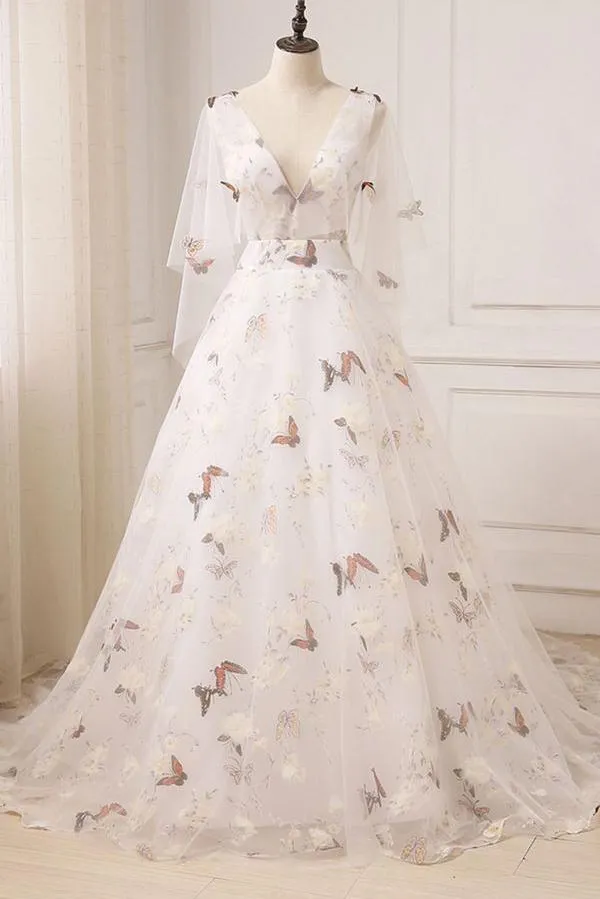 Lace Prom Dresses A Line V-neck Sweep Train Half Sleeve Butterfly Long Tulle Evening Dress OHC251