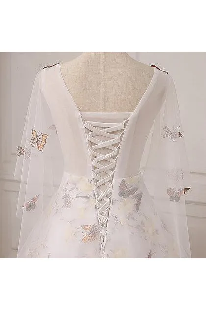 Lace Prom Dresses A Line V-neck Sweep Train Half Sleeve Butterfly Long Tulle Evening Dress OHC251