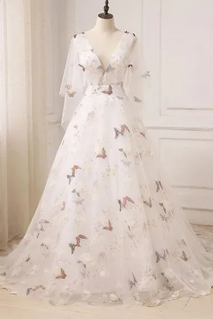 Lace Prom Dresses A Line V-neck Sweep Train Half Sleeve Butterfly Long Tulle Evening Dress OHC251