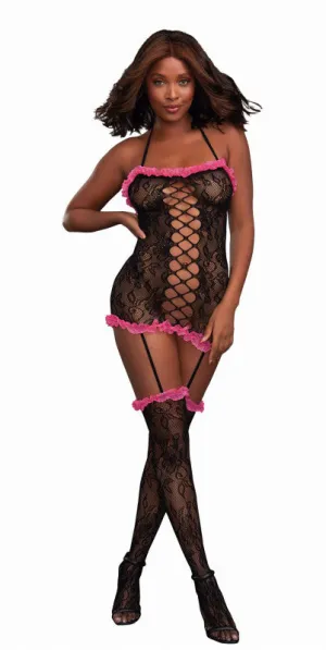 Lace Ruffle Garter Dress - One Size - Black/  Fuchsia