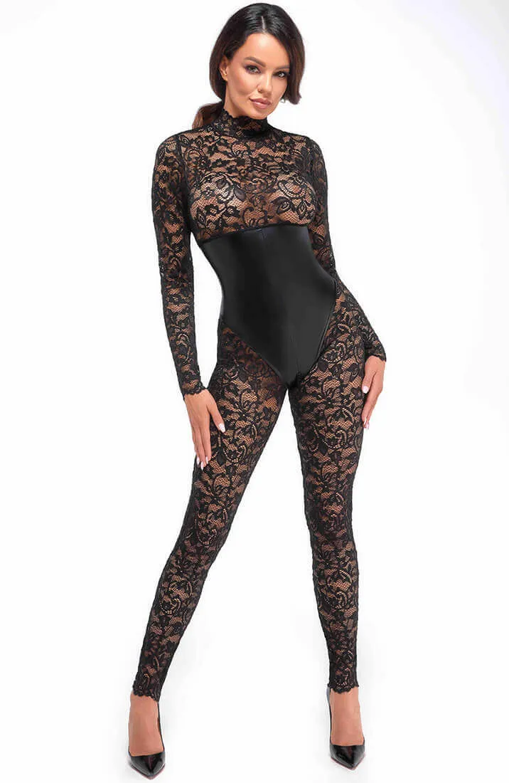 Lace X Wet look catsuit - Touché!