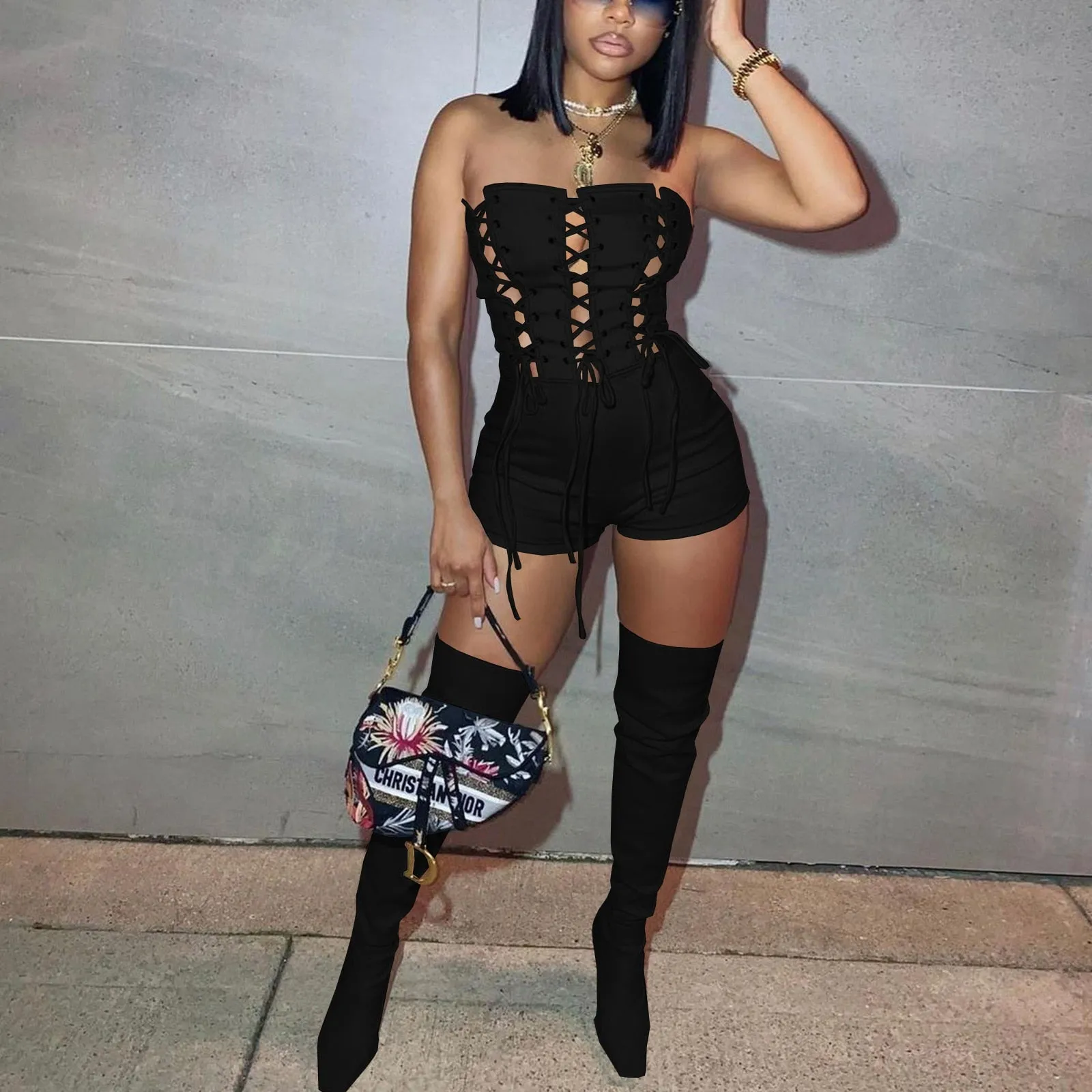 Lady Lace Up Sexy Romper