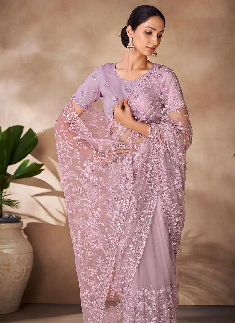 Lavender Sequence Embroidery Party Wear Saree