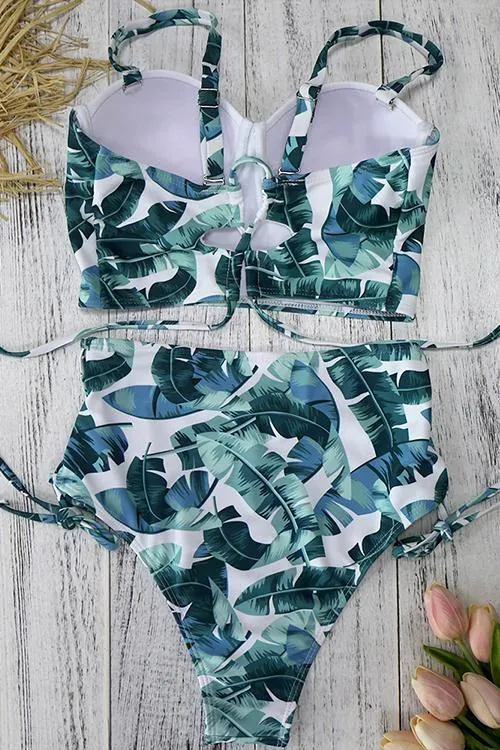 Leaf Lace Up High Waist Bikini Set