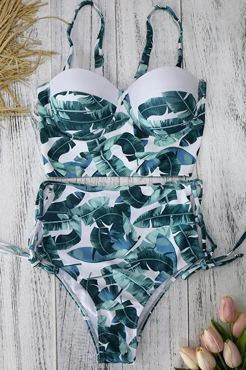 Leaf Lace Up High Waist Bikini Set