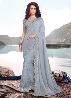 Light Blue Zari Embroidered Party Wear Saree