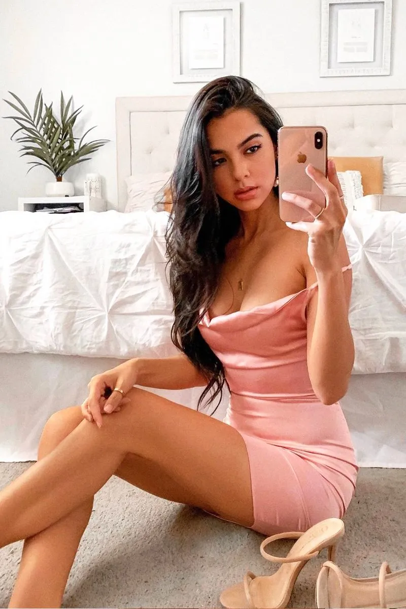 Light Pink Satin Lace Up Bodycon Mini Dress - Sira