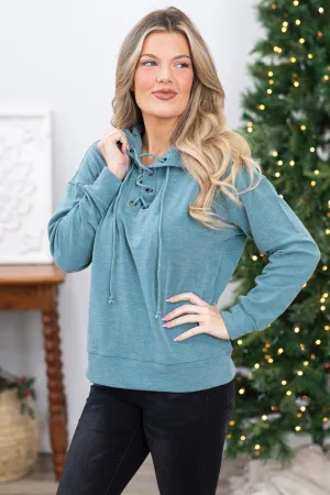 Light Teal Lace Up High Neck Top