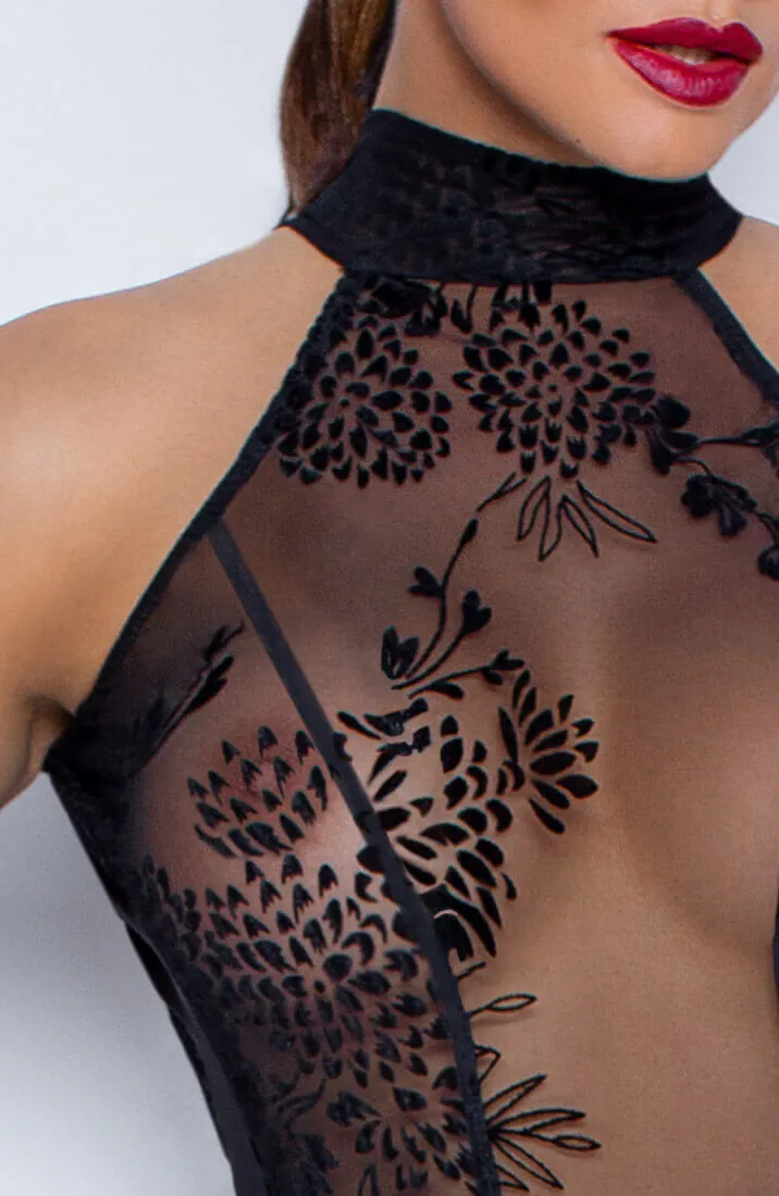 Long sheer black dress with flock embroidery - The Hook Up