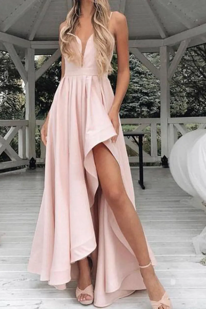 MACloth Spaghetti Straps V Neck High Low Bridesmaid Dress Pink Cocktail Party Dress