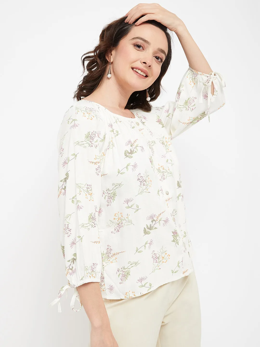 Madame Floral Off-White Round Neck Top