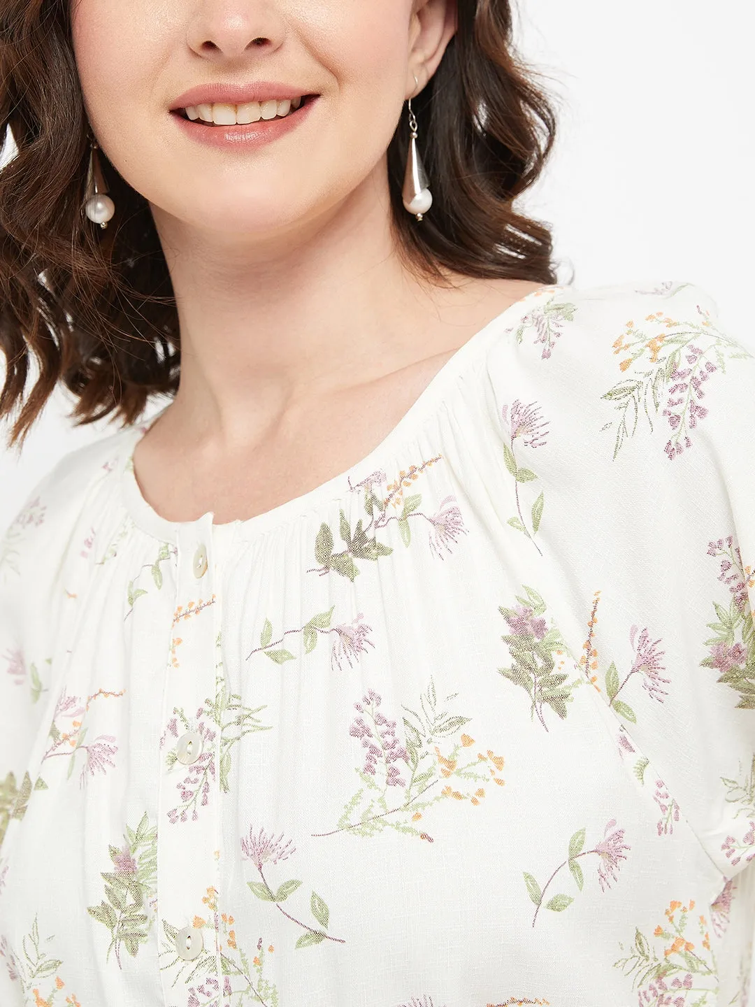Madame Floral Off-White Round Neck Top