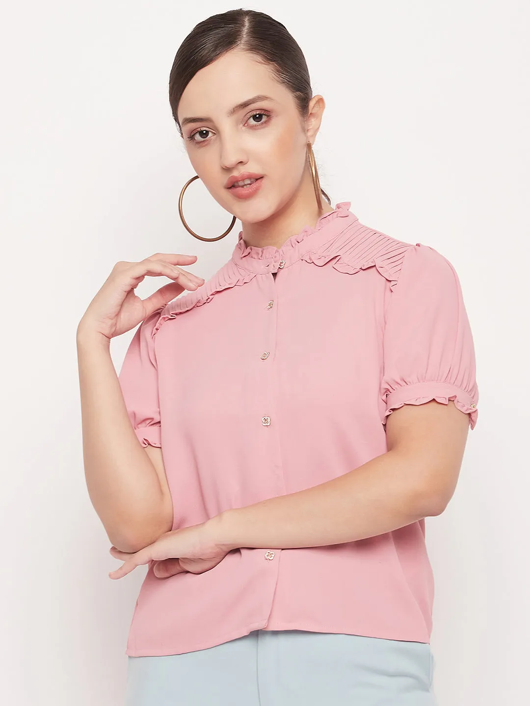 Madame Pink High Neck Ruffled Top