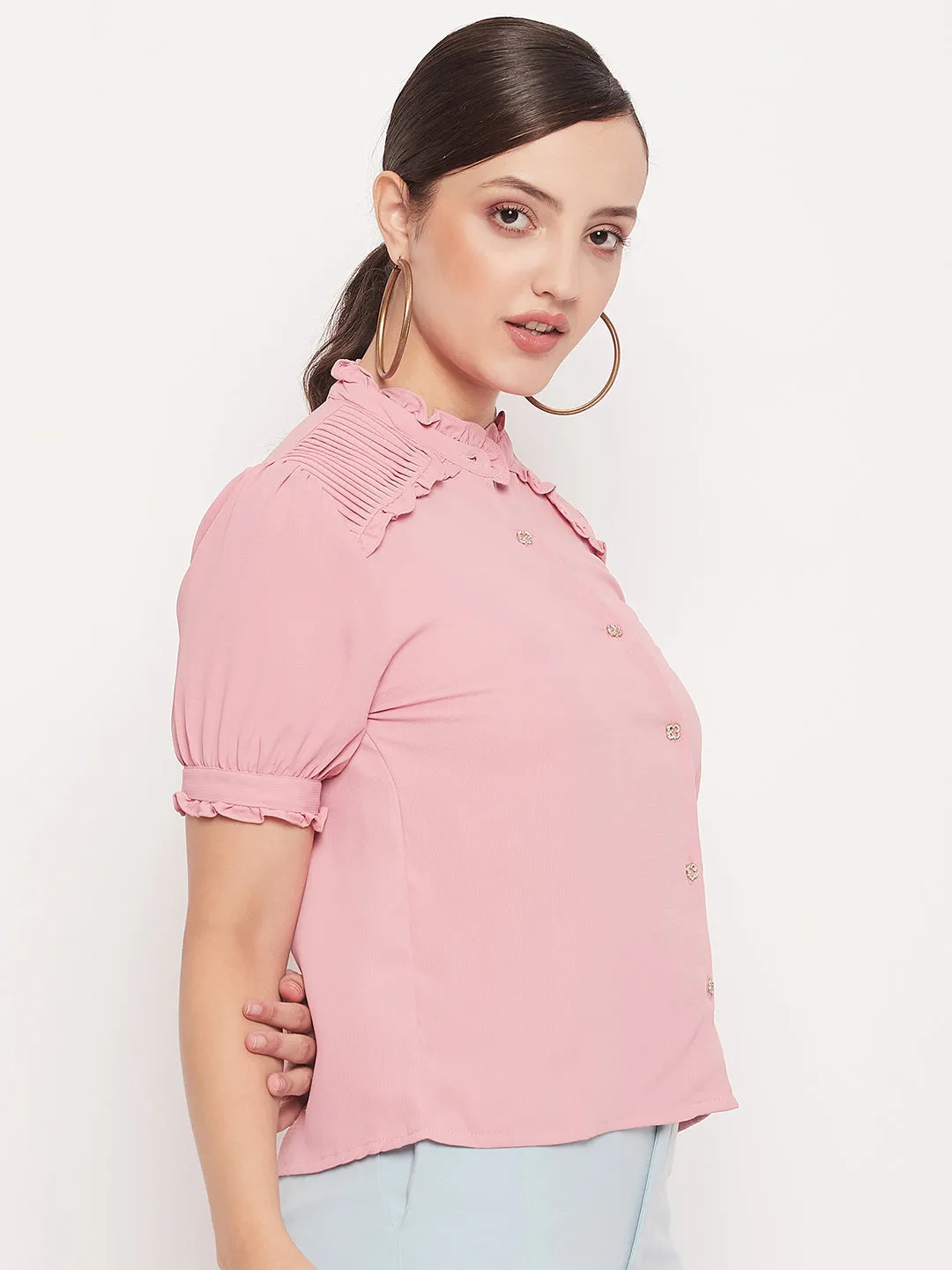 Madame Pink High Neck Ruffled Top
