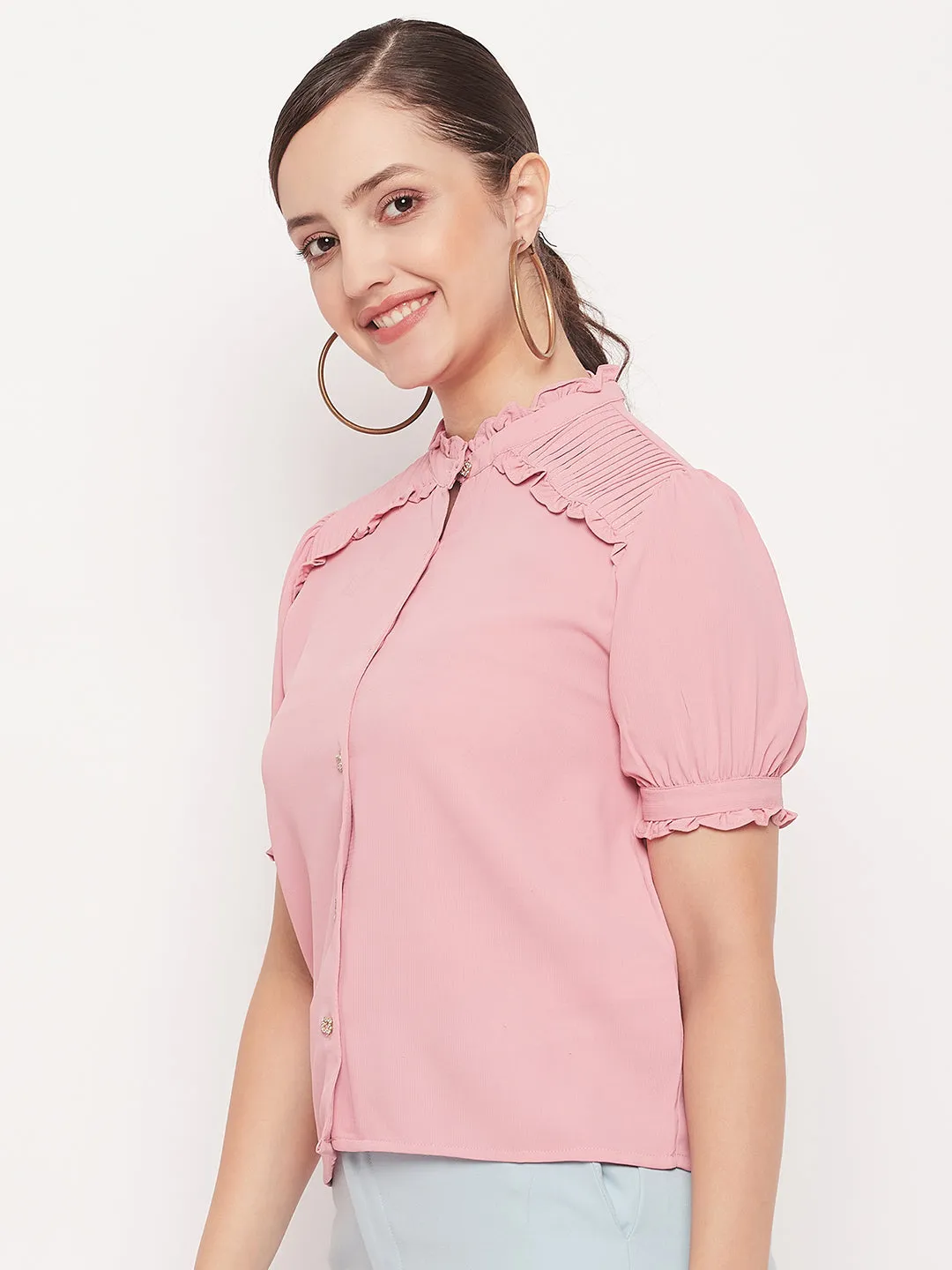 Madame Pink High Neck Ruffled Top