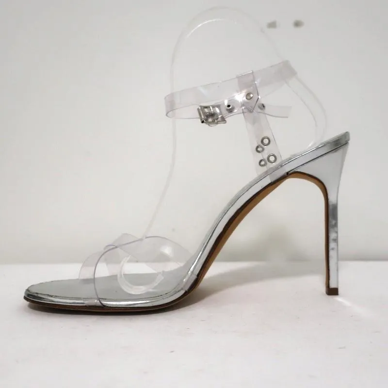 Manolo Blahnik PVC Crisscross Sandals Silver Leather Size 41 Ankle Strap Heel