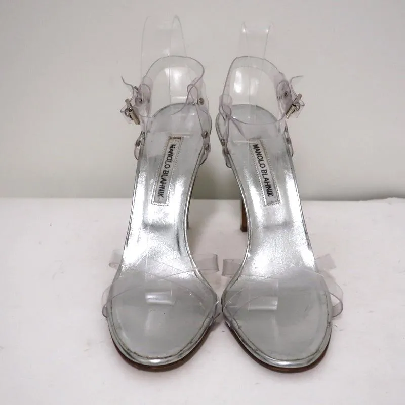Manolo Blahnik PVC Crisscross Sandals Silver Leather Size 41 Ankle Strap Heel