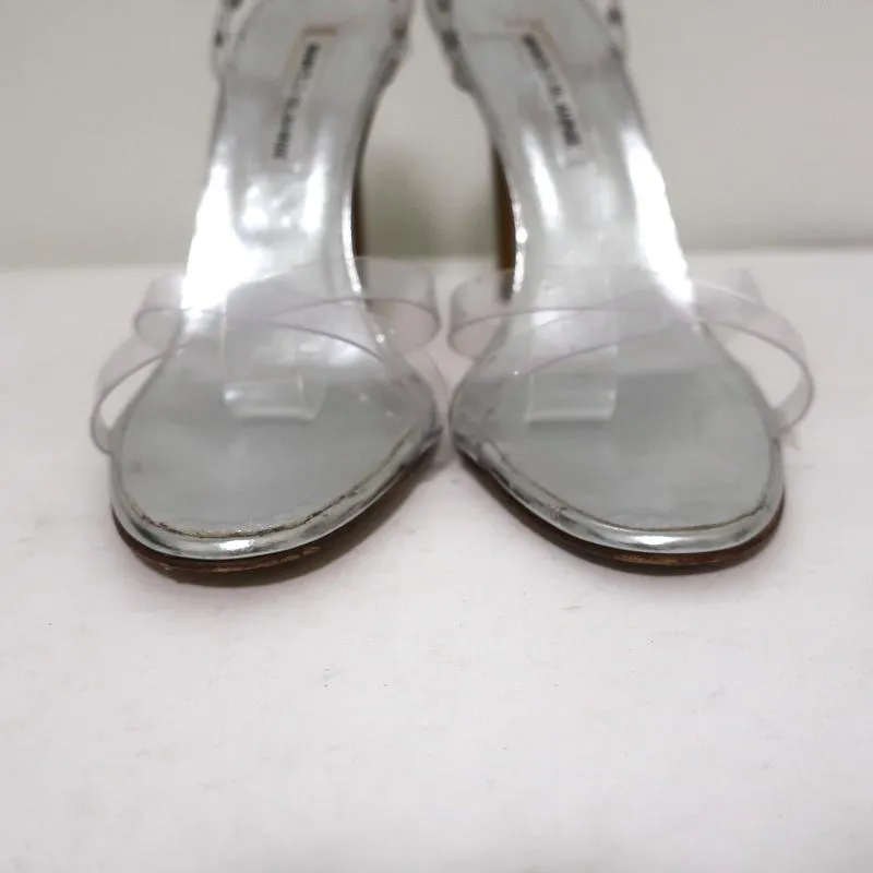 Manolo Blahnik PVC Crisscross Sandals Silver Leather Size 41 Ankle Strap Heel
