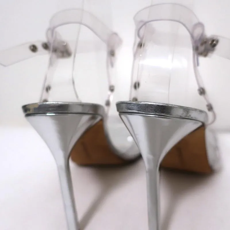 Manolo Blahnik PVC Crisscross Sandals Silver Leather Size 41 Ankle Strap Heel