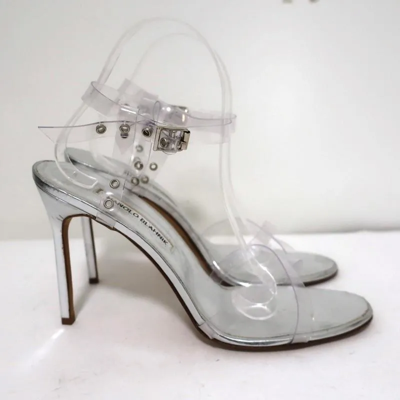 Manolo Blahnik PVC Crisscross Sandals Silver Leather Size 41 Ankle Strap Heel