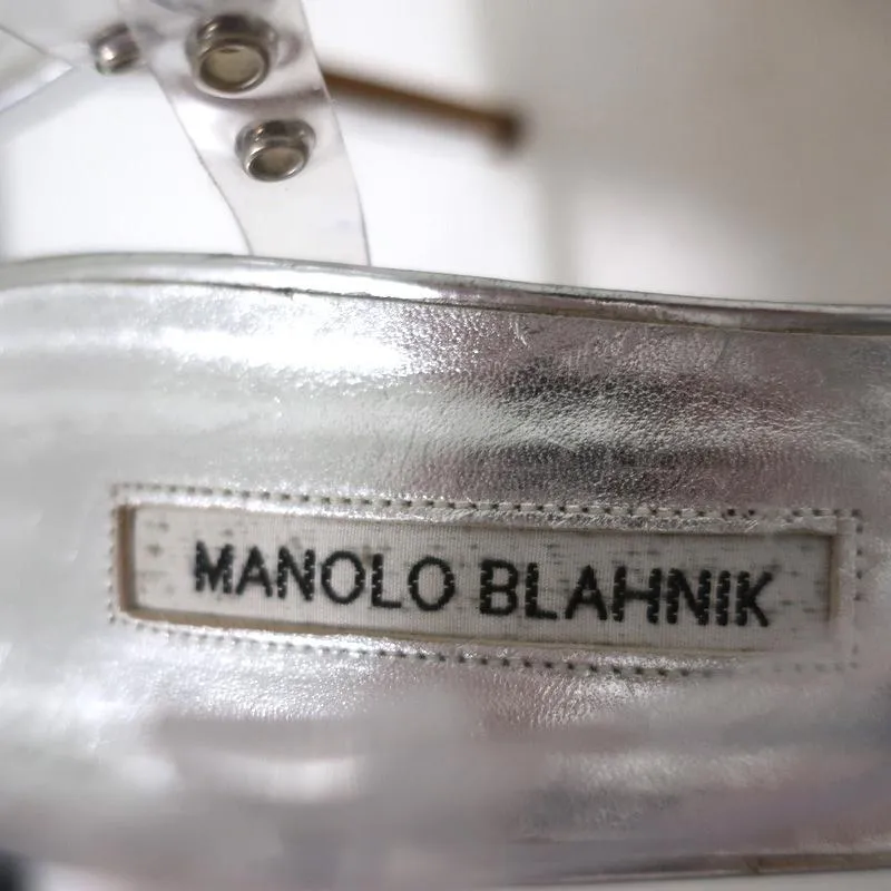 Manolo Blahnik PVC Crisscross Sandals Silver Leather Size 41 Ankle Strap Heel
