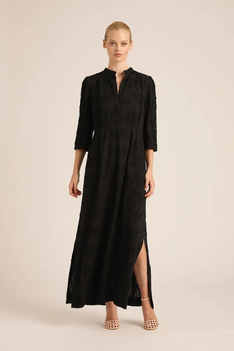MARY COTTON EMBROIDERED ORIENT BLACK LONG DRESS