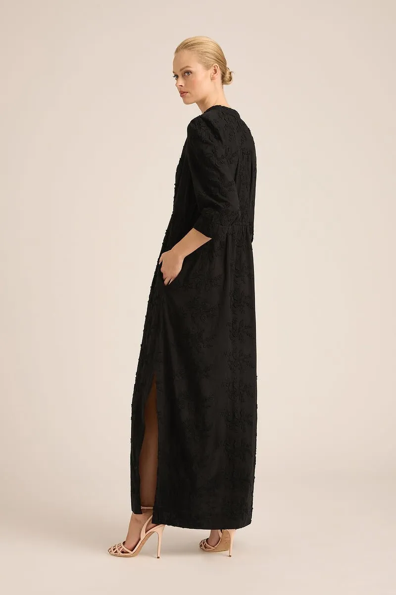 MARY COTTON EMBROIDERED ORIENT BLACK LONG DRESS