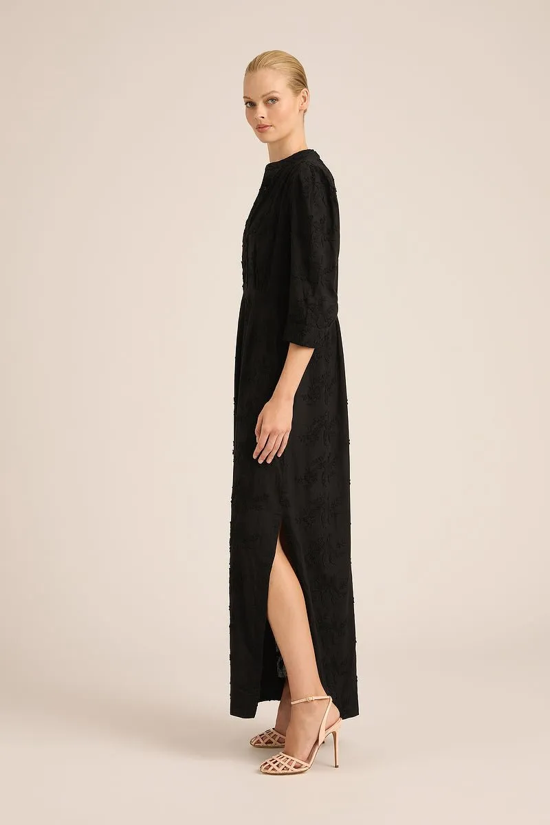 MARY COTTON EMBROIDERED ORIENT BLACK LONG DRESS