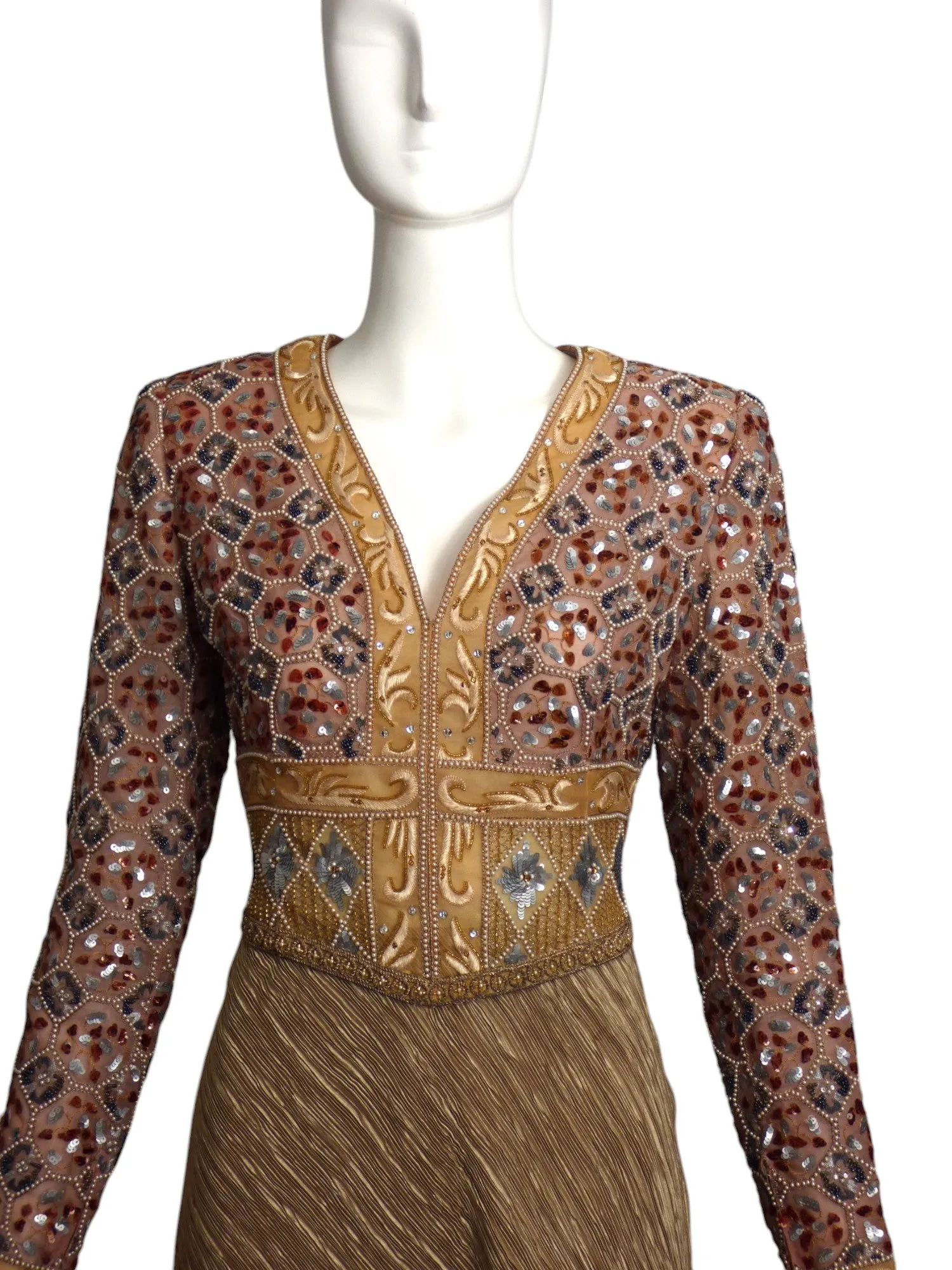 MARY MCFADDEN- 1990s Embellished Plisse Evening Gown, Size 4
