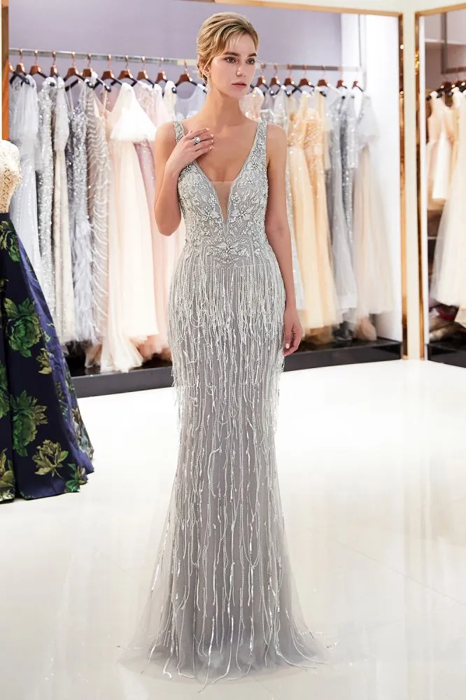 MARY Mermaid Deep V-neck Sleeveless Tassel Beading Party Dresses