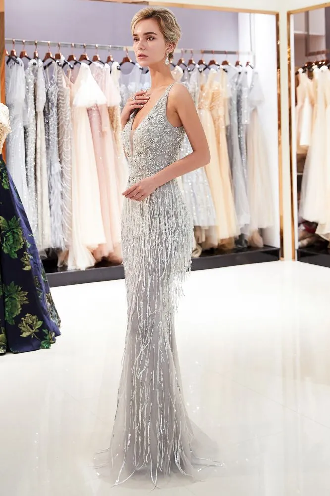 MARY Mermaid Deep V-neck Sleeveless Tassel Beading Party Dresses