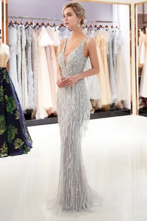 MARY Mermaid Deep V-neck Sleeveless Tassel Beading Party Dresses