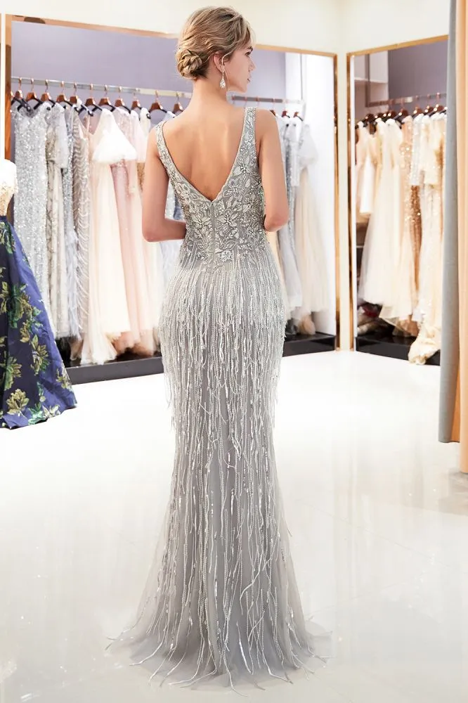 MARY Mermaid Deep V-neck Sleeveless Tassel Beading Party Dresses