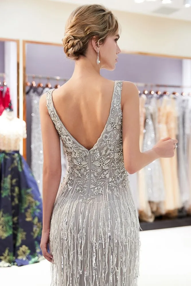 MARY Mermaid Deep V-neck Sleeveless Tassel Beading Party Dresses