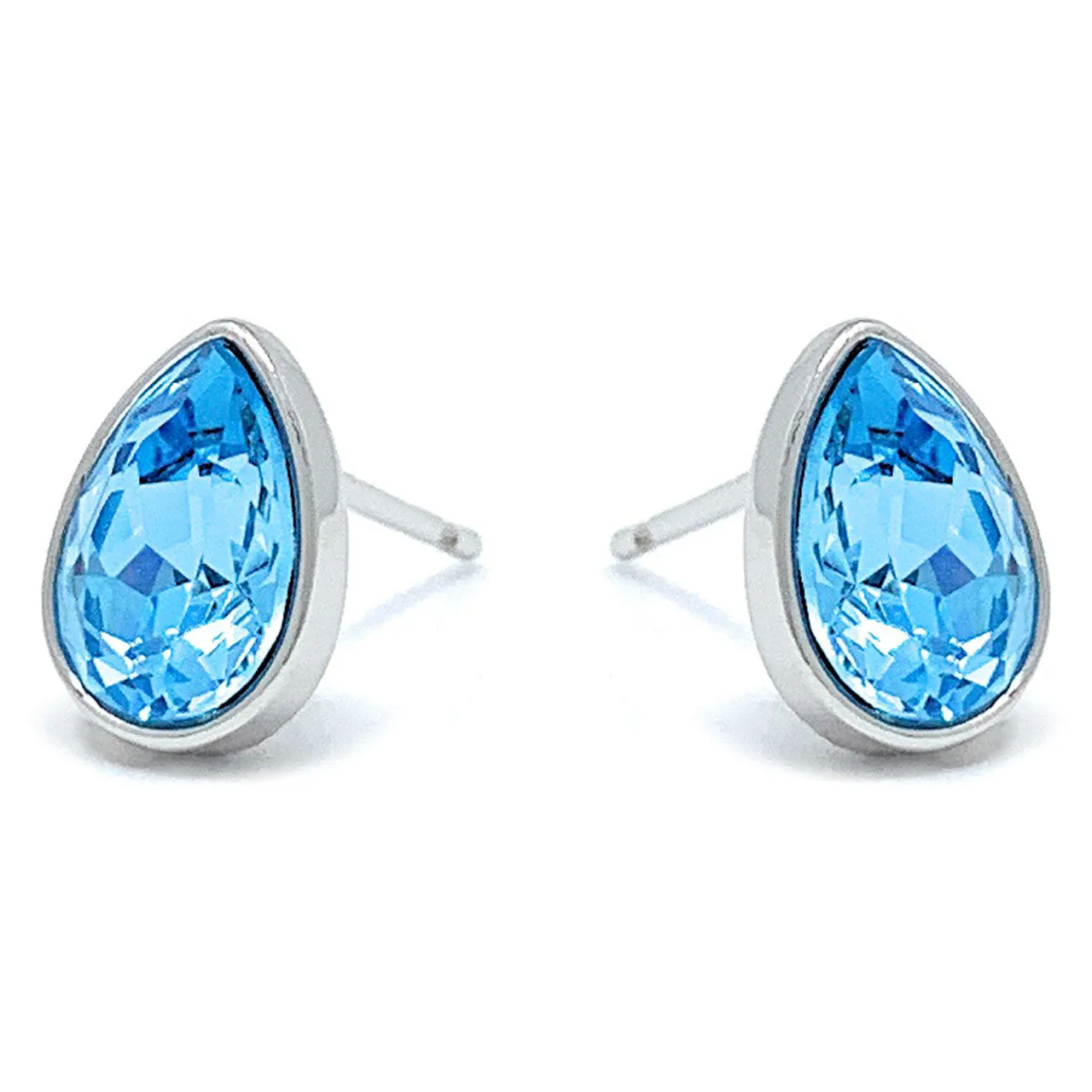 Mary Small Stud Earrings with Blue Aquamarine Drop Crystals from Swarovski Silver Toned Rhodium Plated