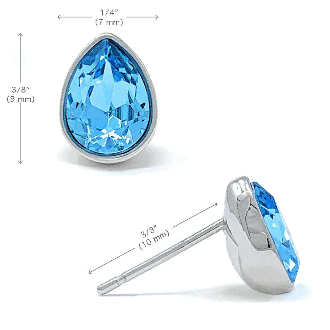 Mary Small Stud Earrings with Blue Aquamarine Drop Crystals from Swarovski Silver Toned Rhodium Plated